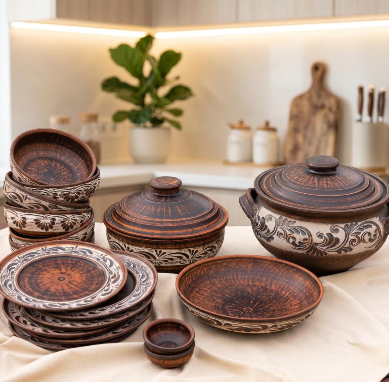 Hand-carved red clay dinner set with lidded pots and decorated plates