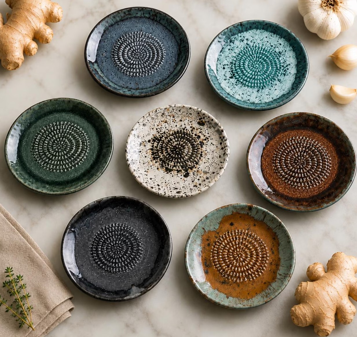 Seven ceramic grater plates in different glazes with garlic and ginger