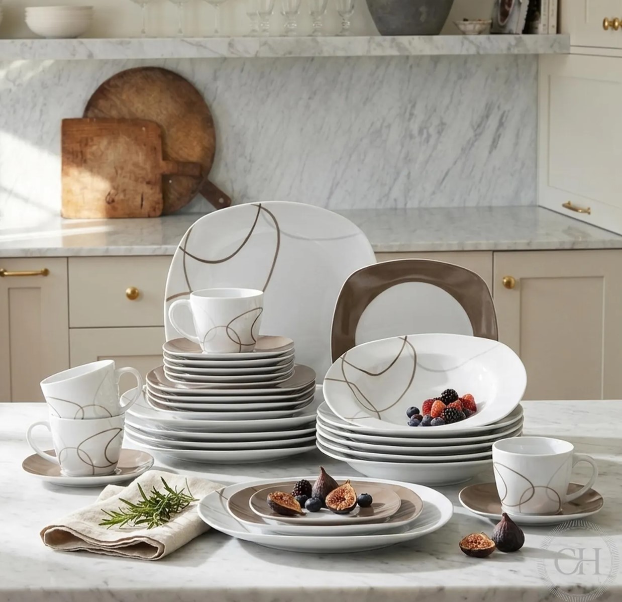 White square porcelain dinner set with taupe swirl pattern and coffee cups