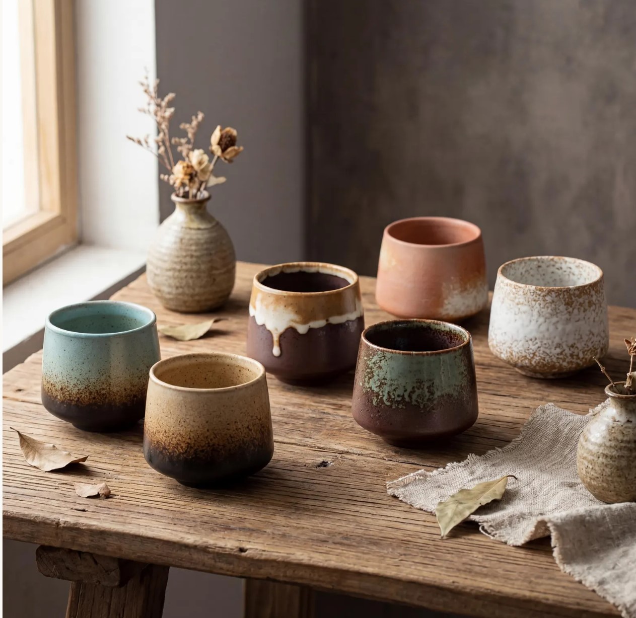 Handmade stoneware cups in speckled glazes on a wooden table by a window