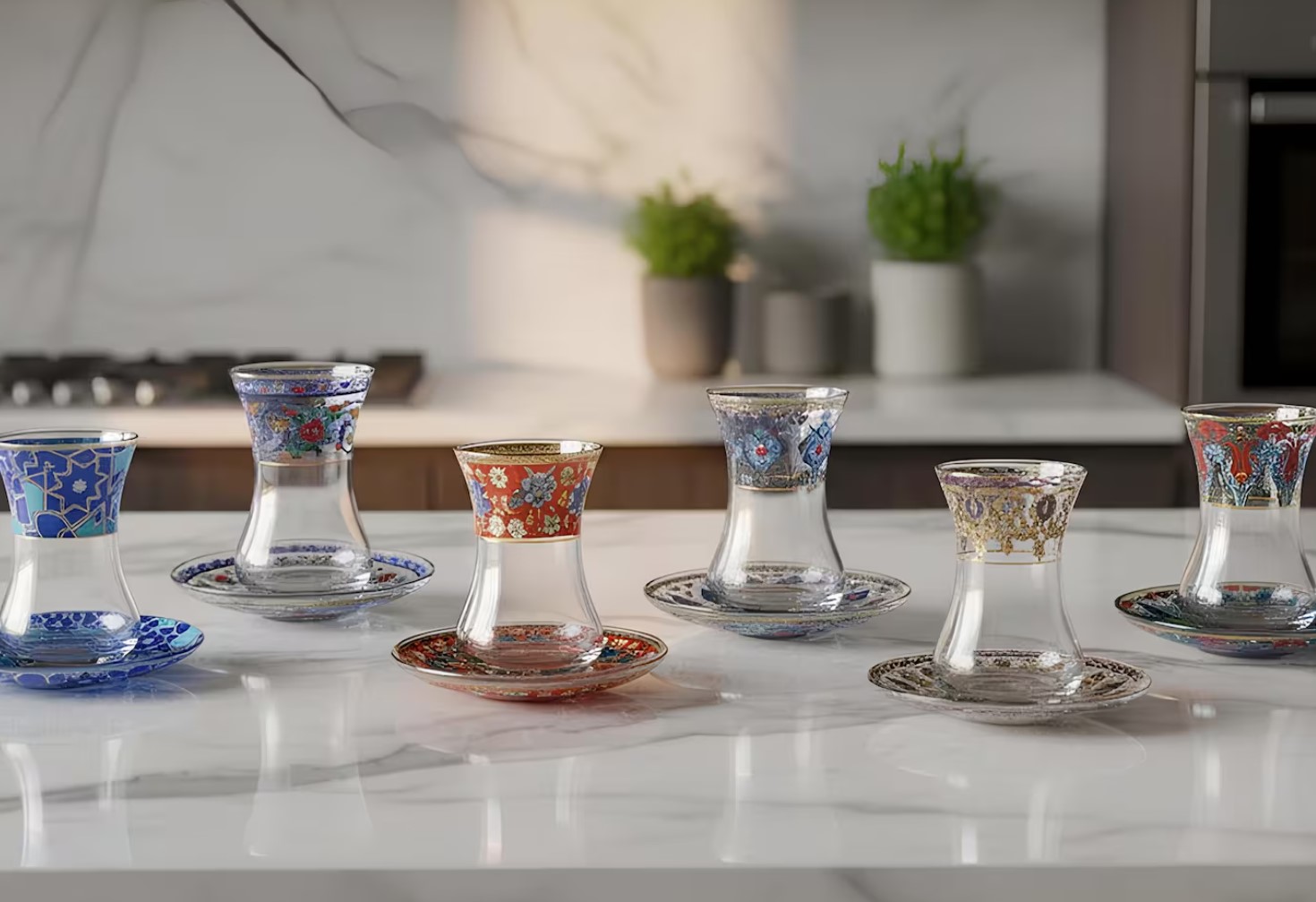Six decorated Turkish tea glasses with matching saucers on a marble counter
