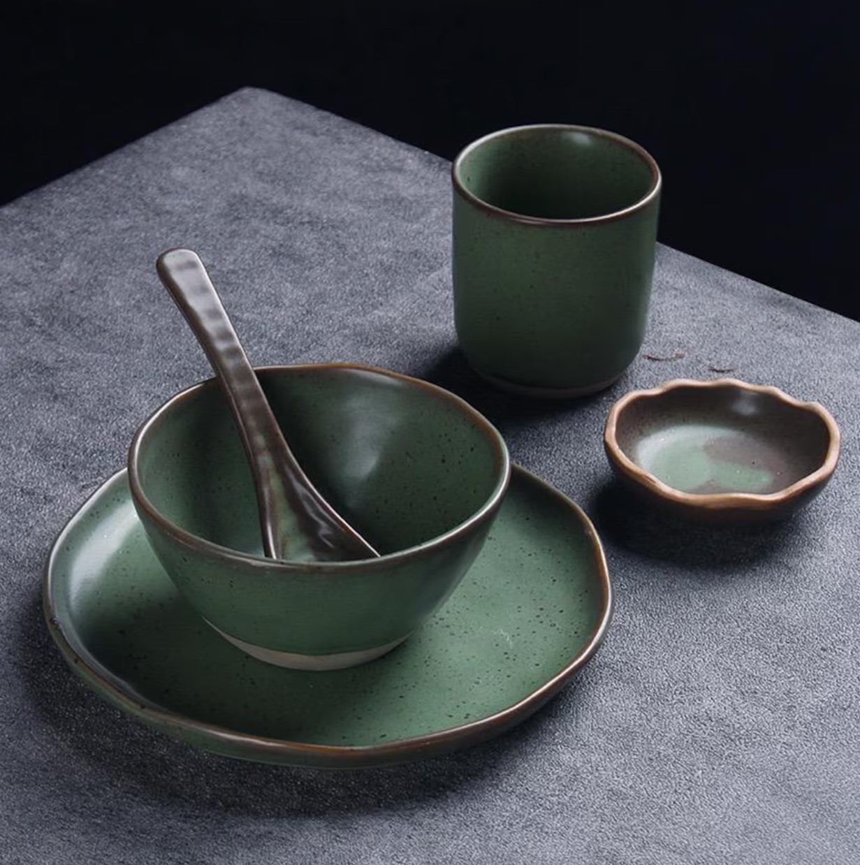 Moss green speckled stoneware plate, bowl, cup, dipping dish and spoon
